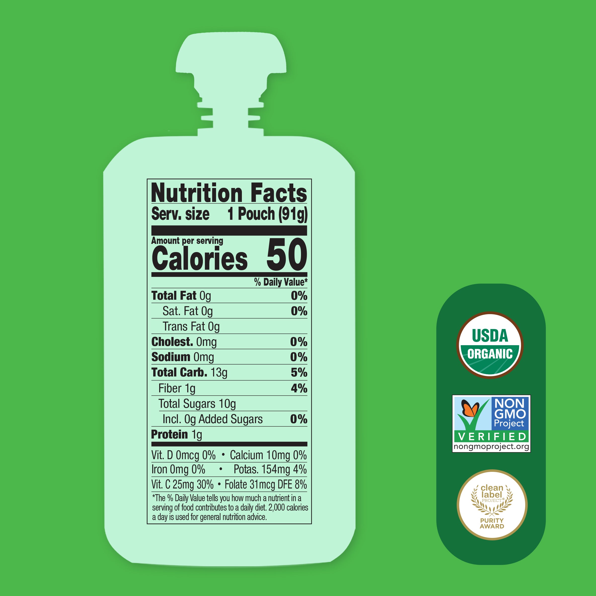 Nutrition facts label for a Mango, Banana & Spirulina Immunity Blend pouch on a green background with USDA Organic and Non-GMO Project verified logos.