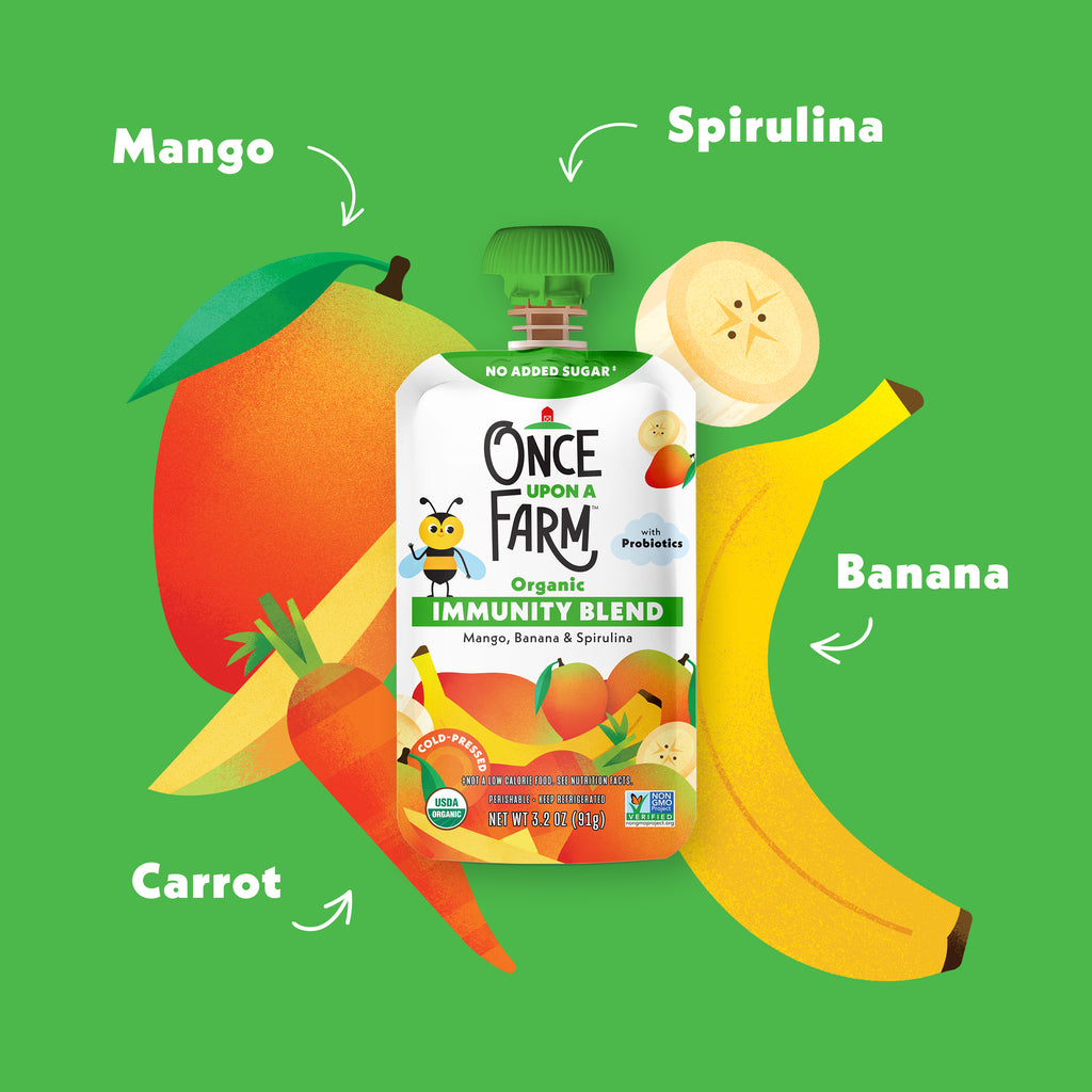 Once Upon a Farm Mango, Banana & Spirulina Immunity Blend pouch with mango, spirulina, banana, and carrot illustrations on a green background.