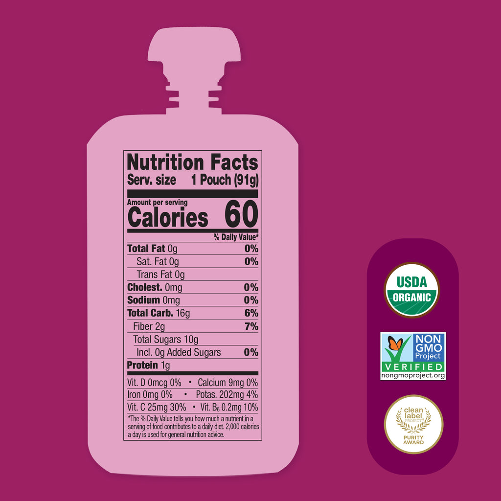 Purple food pouch for Pineapple, Banana & Dragon Fruit Immunity Blend pouch with nutrition facts label and organic certification logos on a purple background
