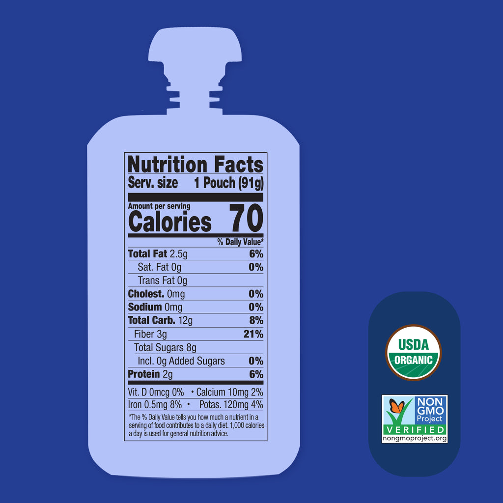 Nutrition facts label on a blue background with USDA Organic and Non-GMO Project Verified logos for Once Upon a Farm pouch Apple-berry Avocado Oat Milk Smoothie