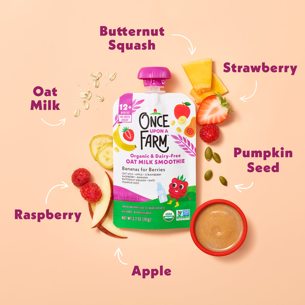 Once Upon a Farm organic and dairy-free Bananas For Berries Oat Milk Smoothie packaging with ingredients displayed on a pink background. Butternut Squash, Strawberry, Pumpkin Seed, Apple, Raspberry, and Oat Milk.
#svg:bananas-for-berries-oat-milk-smoothie-ingredients