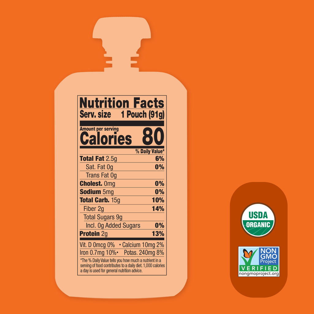 Nutrition facts label on a food pouch with organic and non-GMO verified labels on an orange background. Once Upon a Farm organic Orange-Tastic oat milk smoothie.