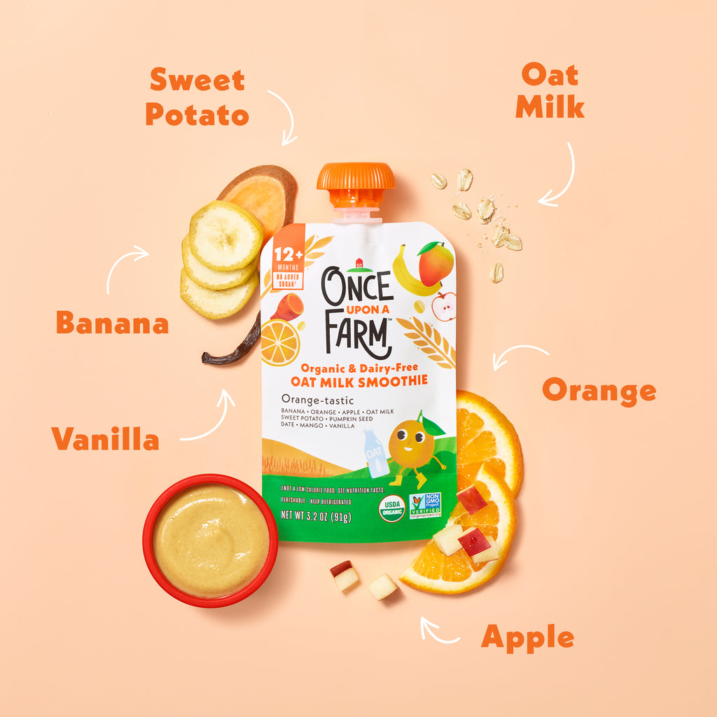 Once Upon a Farm organic Orange-Tastic oat milk smoothie packaging with ingredients displayed on a peach background. Sweet Potato, Oat Milk, Orange, Apple, Vanilla, and Banana. 
#svg:orange-tastic-oat-milk-smoothie-ingredients