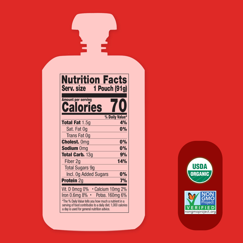 Nutrition facts label on a pink pouch with USDA Organic and Non-GMO Project Verified logos on a red background. Once Upon a Farm Strawberry Mango Apple Oat Milk Smoothie pouch. 