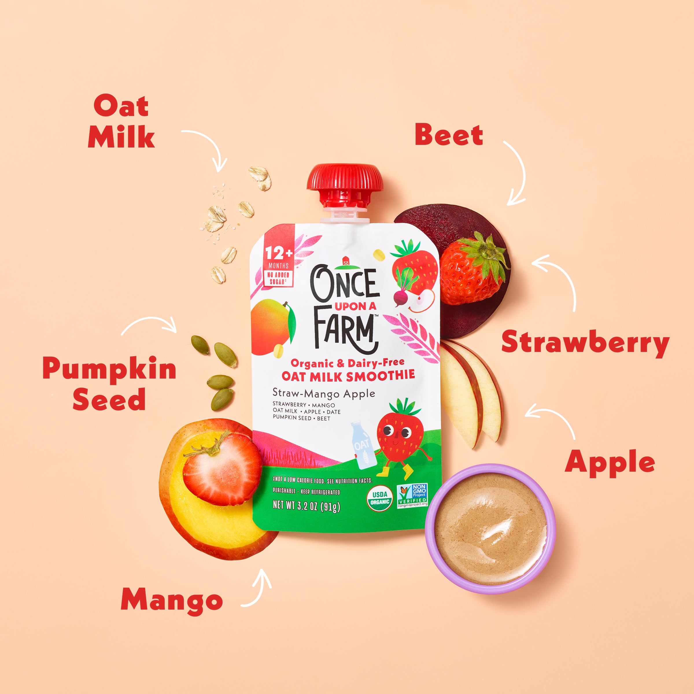 Once Upon a Farm organic Strawberry Mango Apple Oat Milk Smoothie pouch with ingredients displayed on a peach background. Beet, Strawberry, Apple, Mango, Pumpkin Seeds, and Oat Milk. 

#svg:straw-mango-apple-oat-milk-smoothie-ingredients