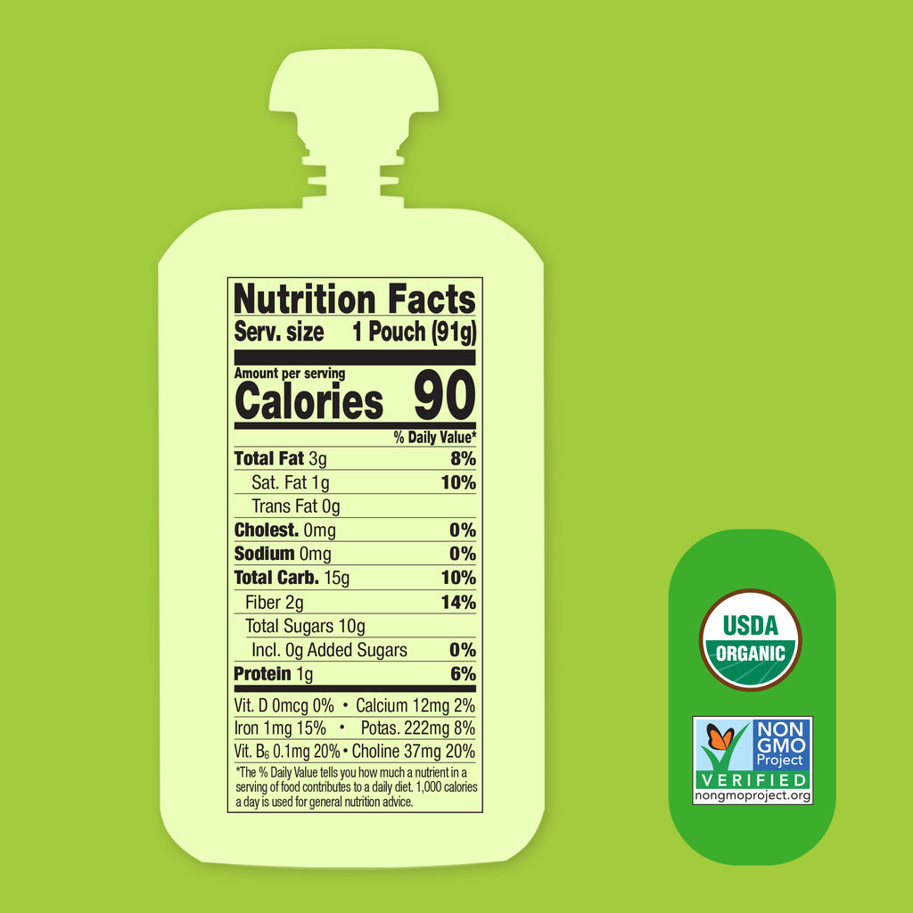 Nutrition facts label for Bananas for Apples & Greens Smart Blend on a green background with USDA Organic and Non-GMO Project Verified logos.
