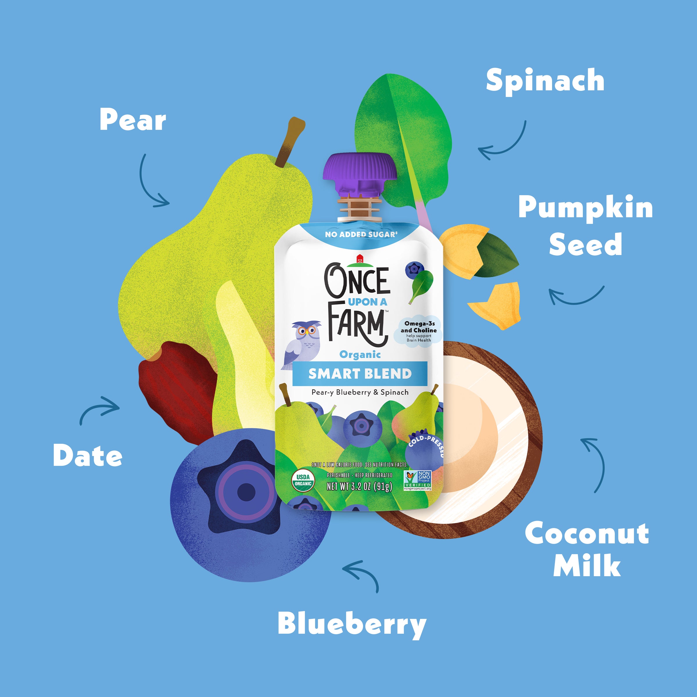 Once Upon a Farm Pear-y Blueberry & Spinach Smart Blend pouch with labeled ingredients on a blue background