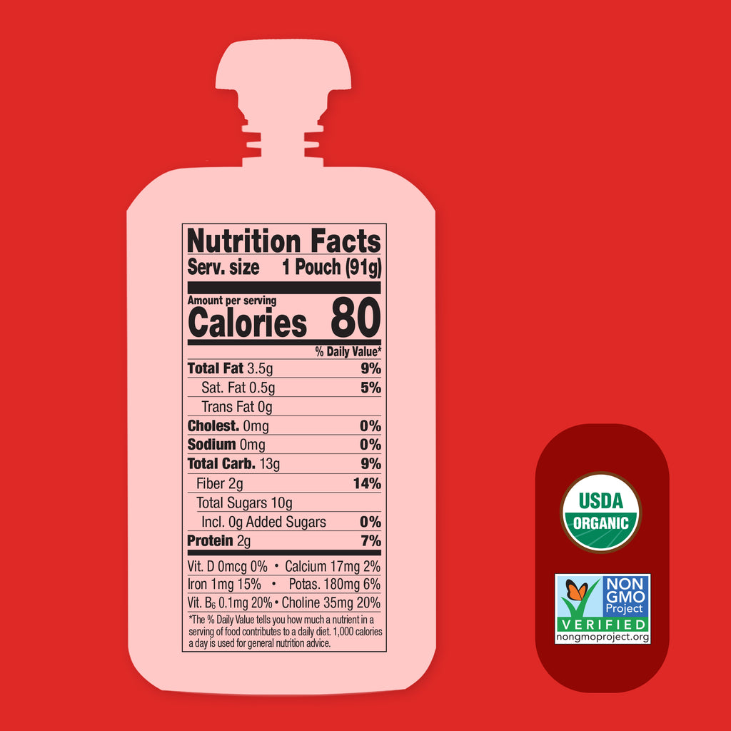 Nutrition facts label on a Pine-Apple Berry Punch Smart Blend pouch with organic and non-GMO verified labels on a red background