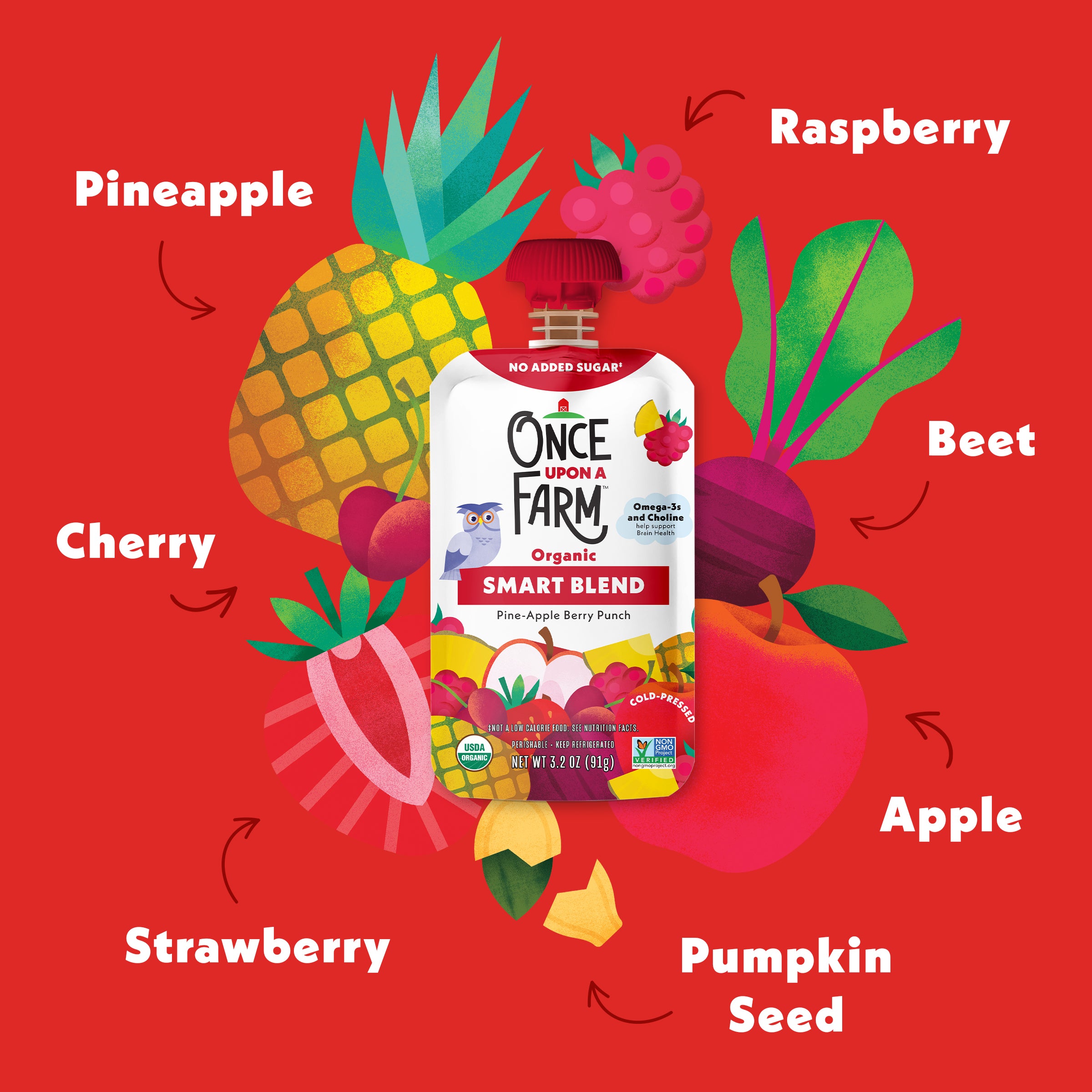 Once Upon A Farm Pine-Apple Berry Punch Smart Blend pouch with labeled fruits and vegetables on a red background