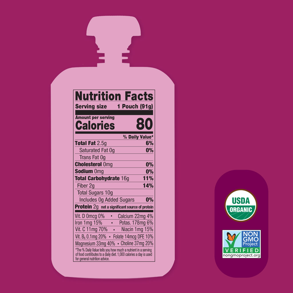 Nutrition facts label on a Ras-Pear-y Kale Smart Blend pouch with USDA Organic and Non-GMO Project Verified labels on a purple background