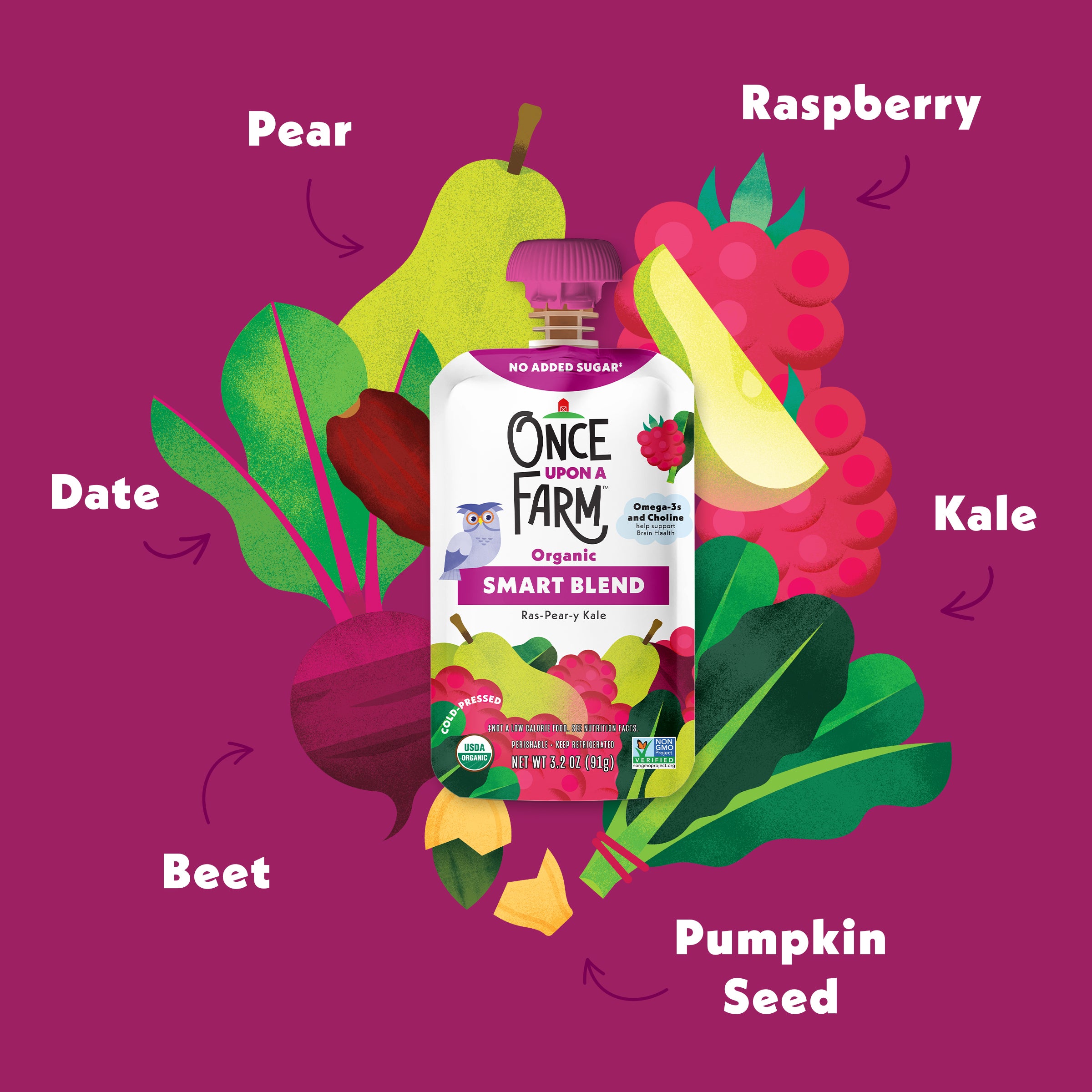 Once Upon a Farm Ras-Pear-y Kale Smart Blend pouch surrounded by illustrations of fruits and vegetables on a purple background