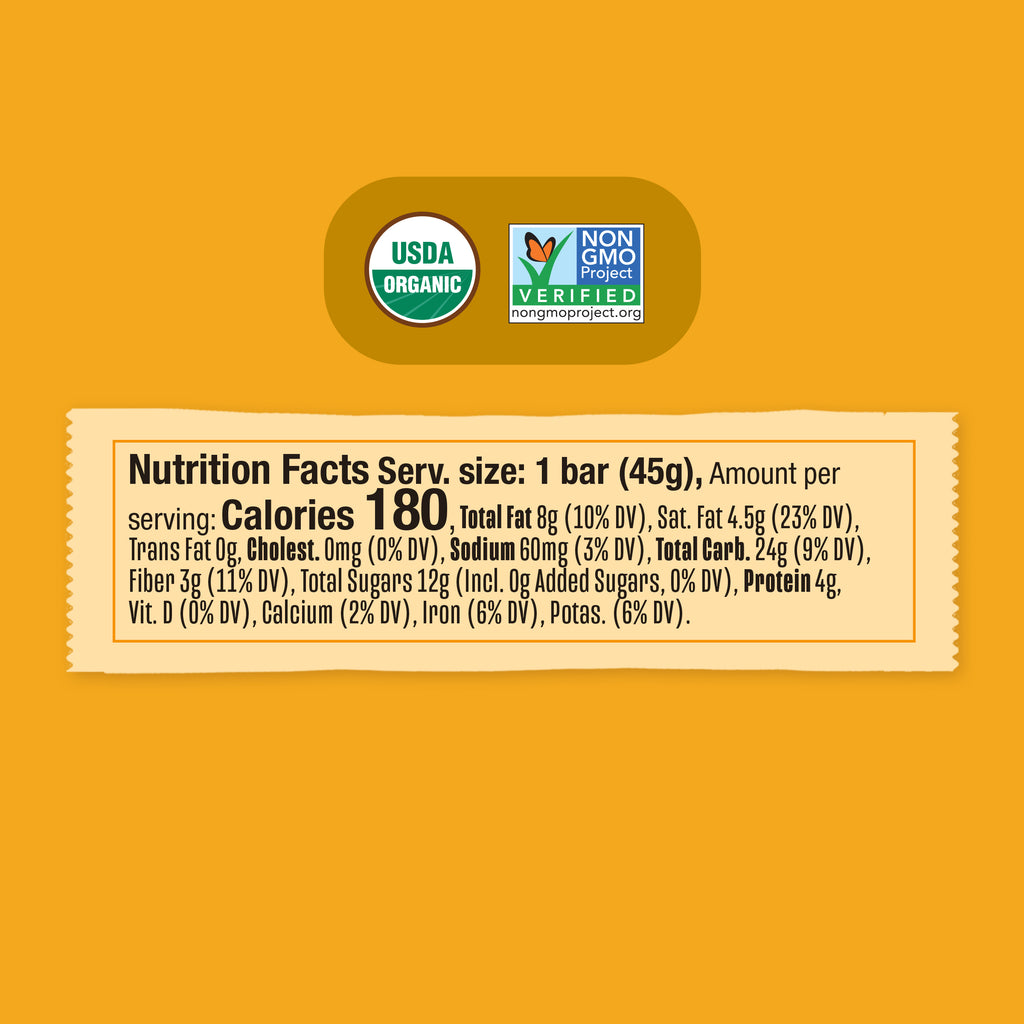 Banana Chocolate Refrigerated Oat Bar Nutrition facts on a yellow background