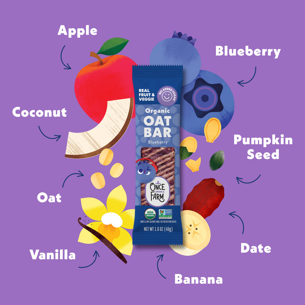 Blueberry Refrigerated Oat Bar new packaging surrounded by ingredients on a purple background