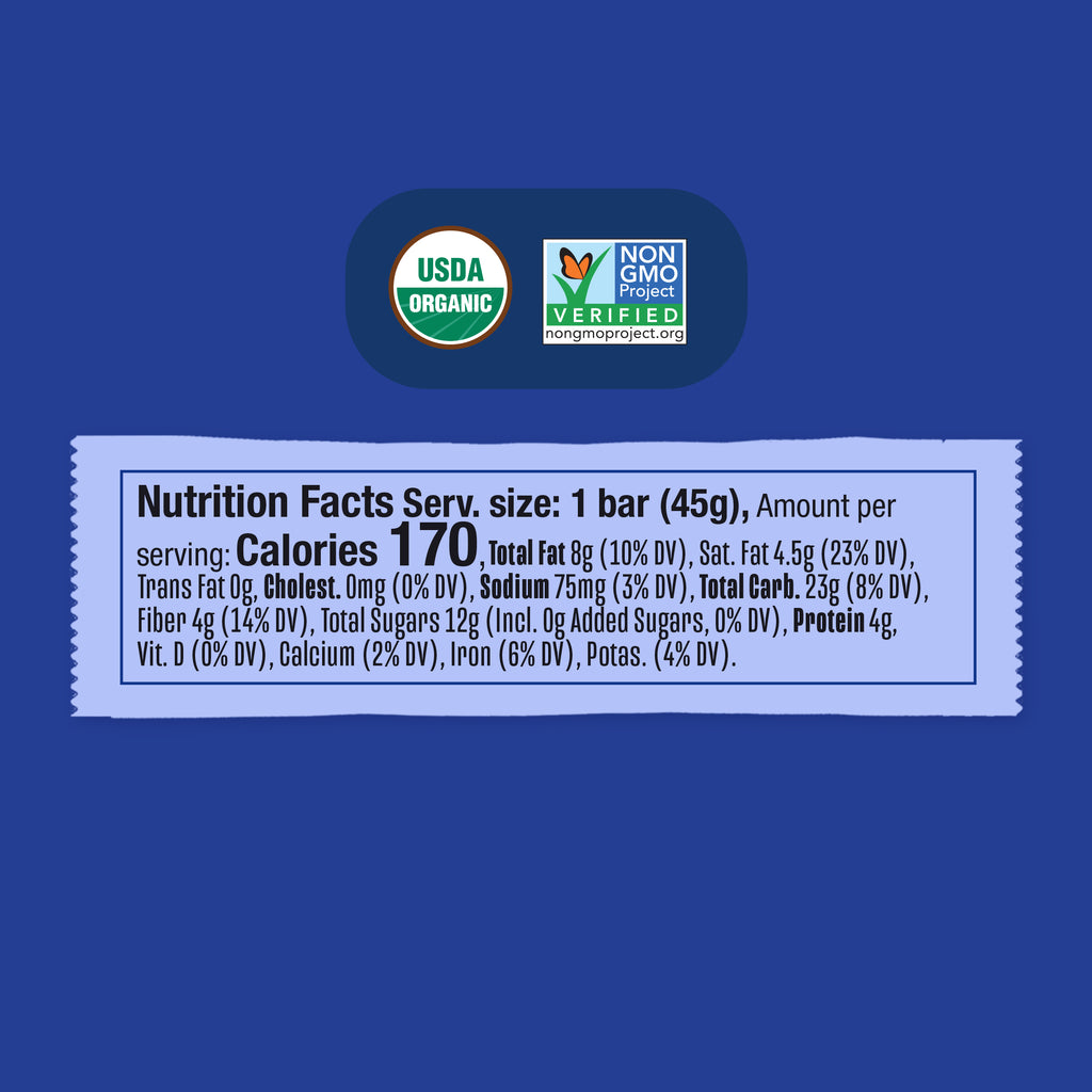 Blueberry Refrigerated Oat Bar Nutrition facts on a blue background