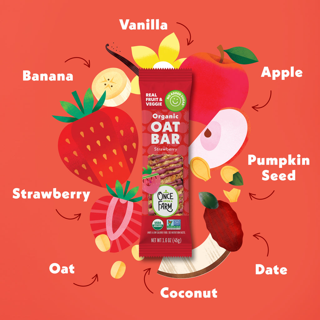 New Strawberry Refrigerated Oat Bar packaging surrounded by ingredients on a red orange background