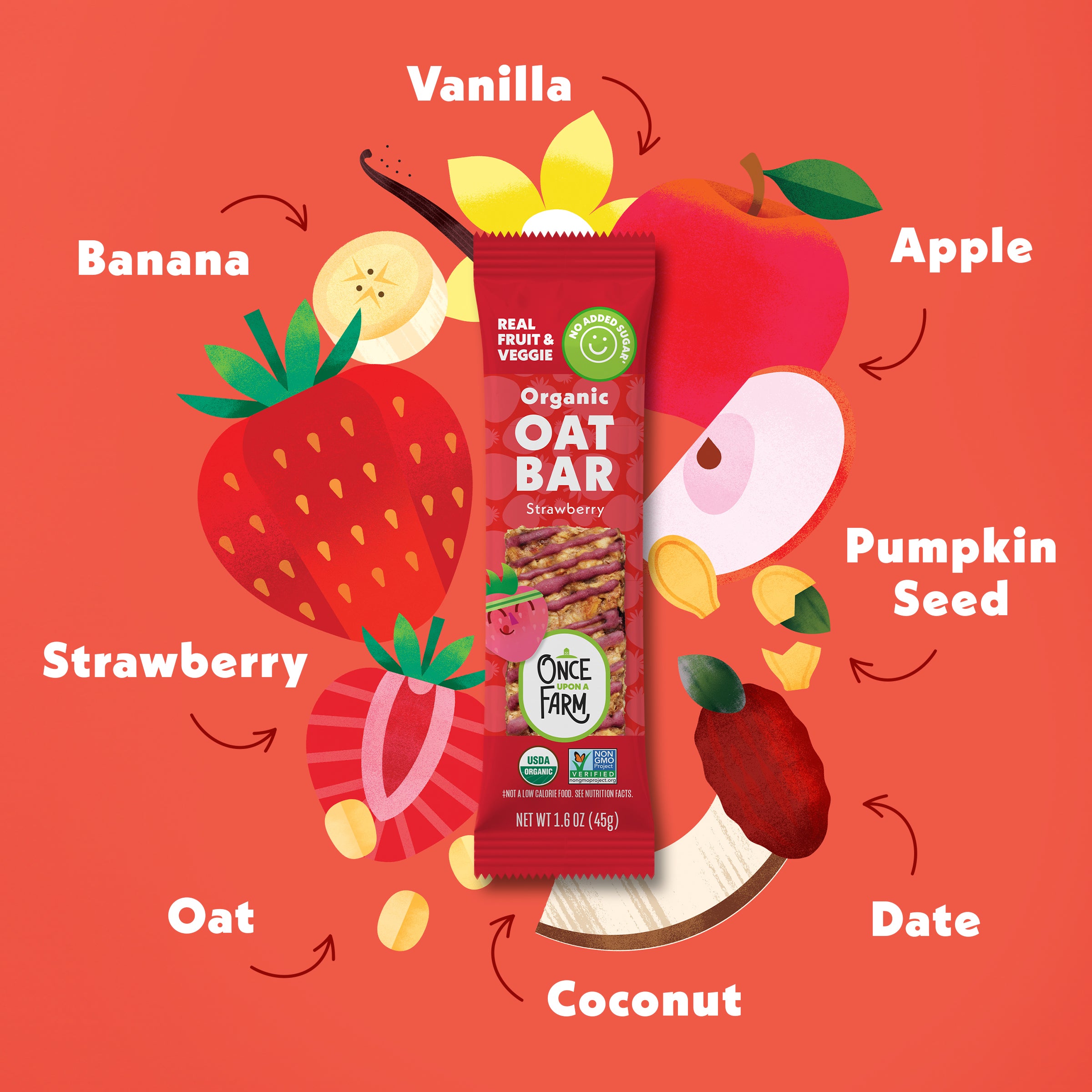 New Strawberry Refrigerated Oat Bar packaging surrounded by ingredients on a red orange background