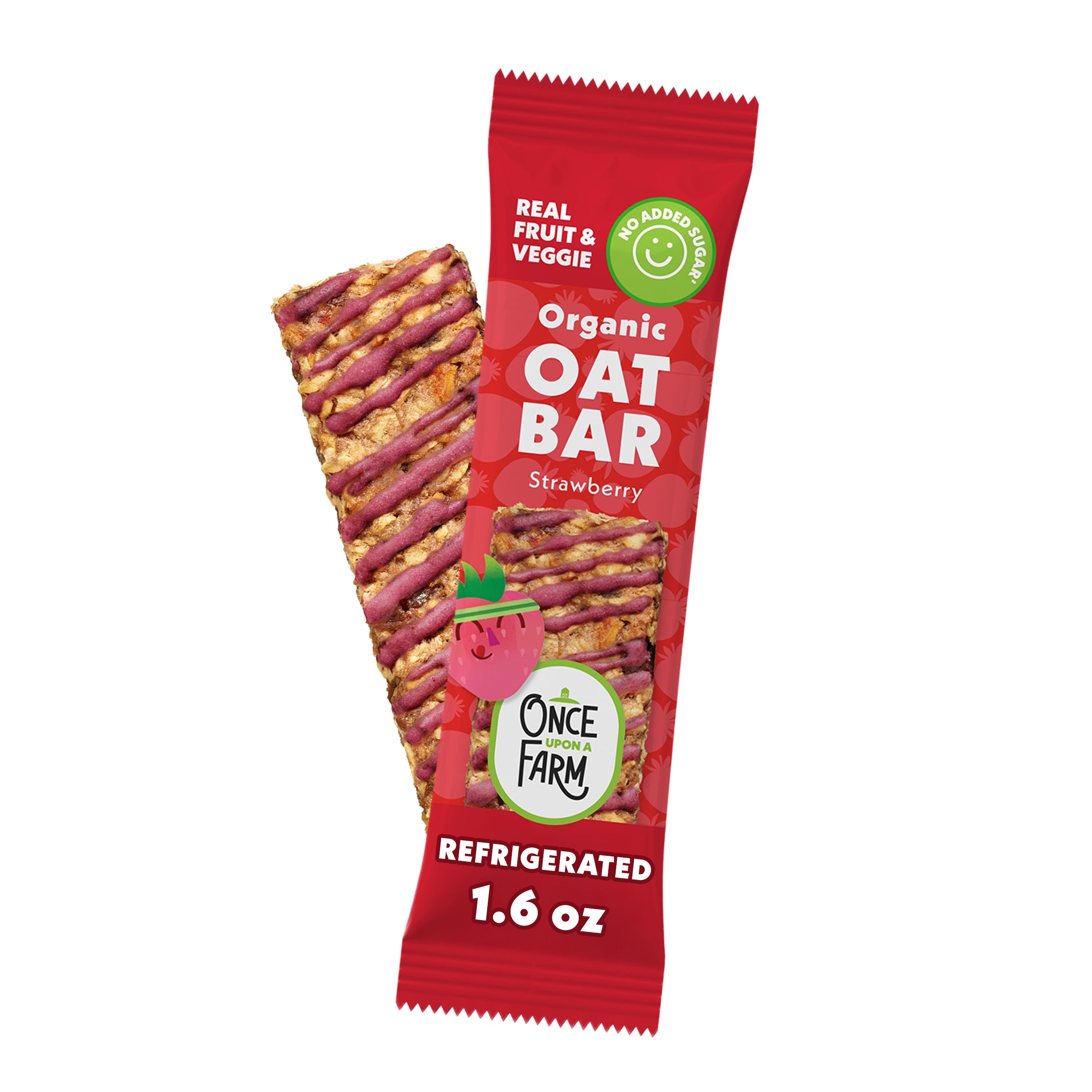 Strawberry Refrigerated Oat Bar front of new packaging showing bar on a white background