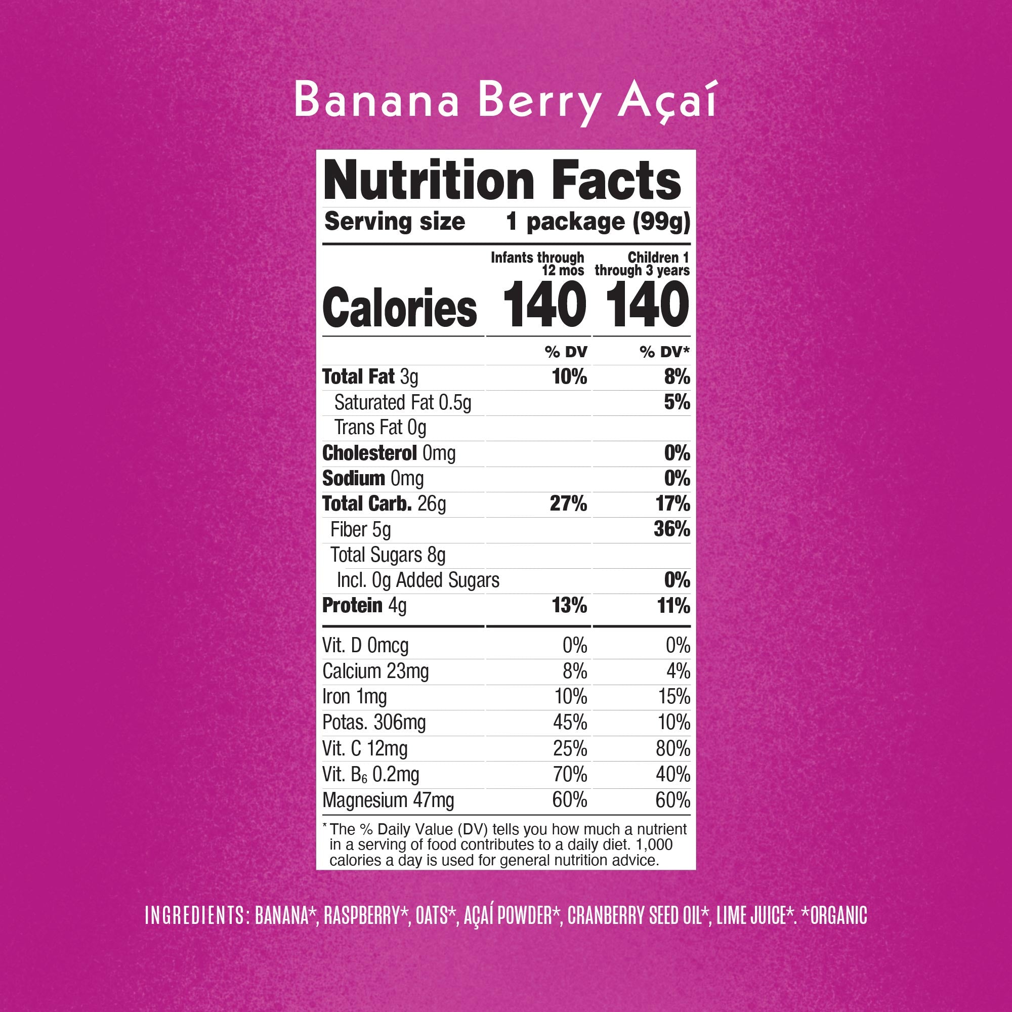 Banana Berry Acai Nutrition Facts Panel