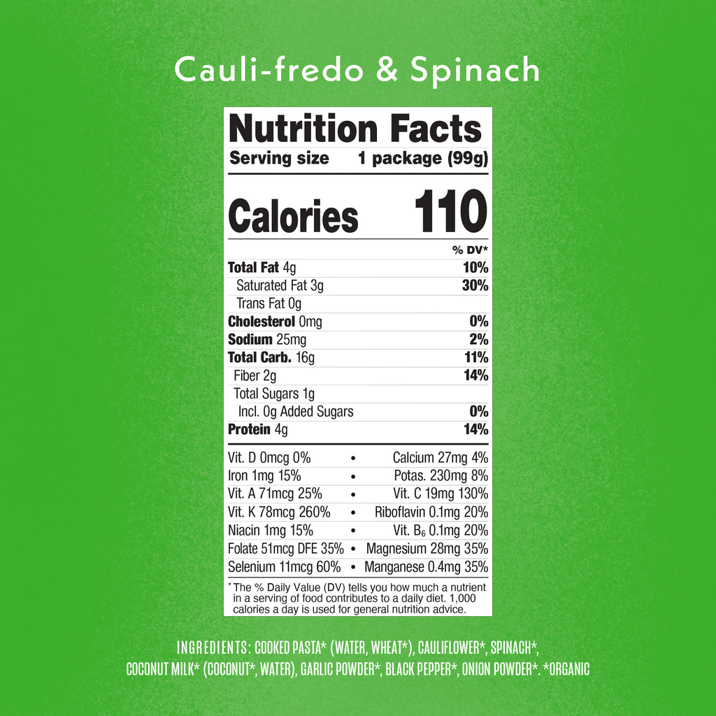 Cauli-fredo & Spinach Nutrition Facts Panel & Ingredients