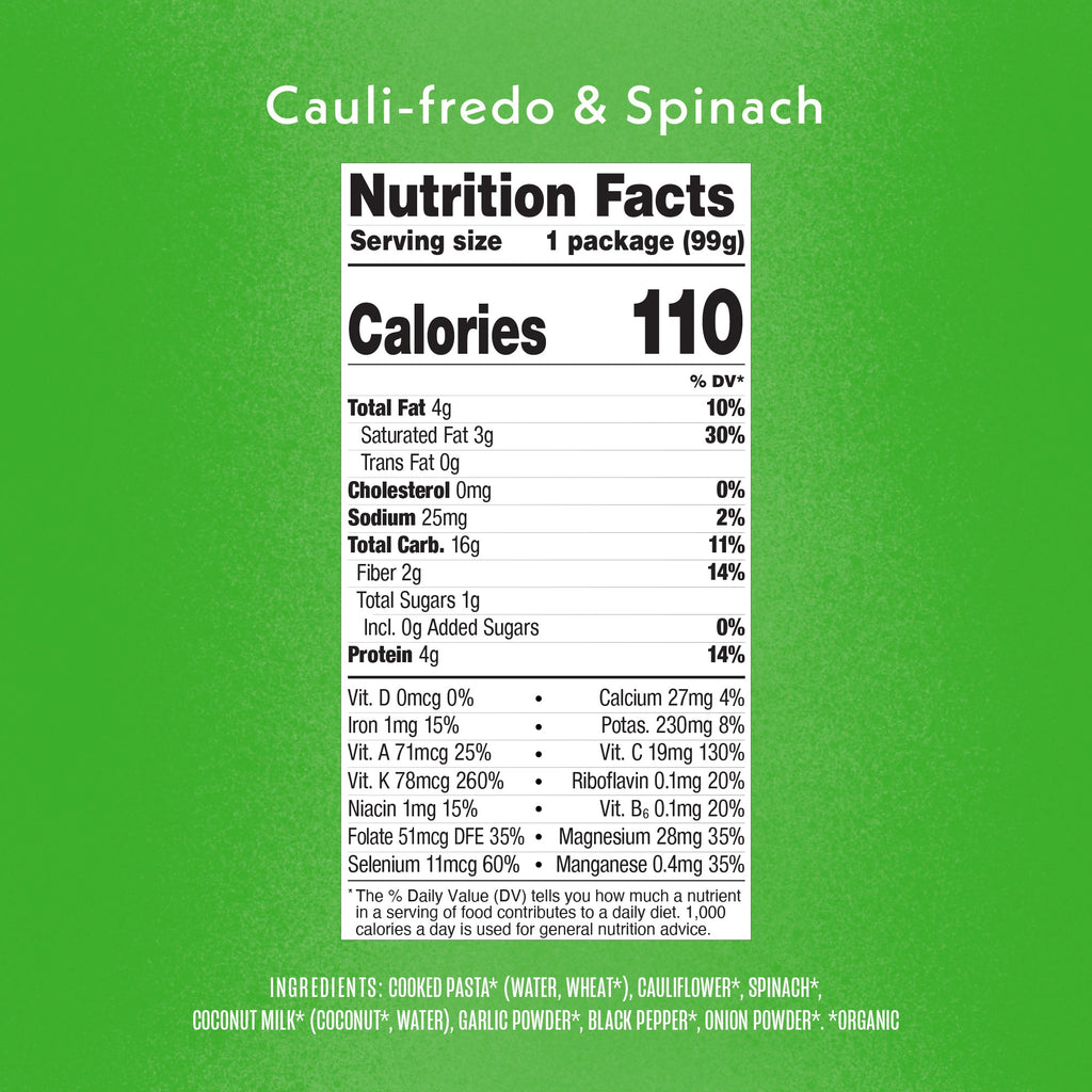 Cauli-fredo & Spinach Nutrition Facts Panel & Ingredients