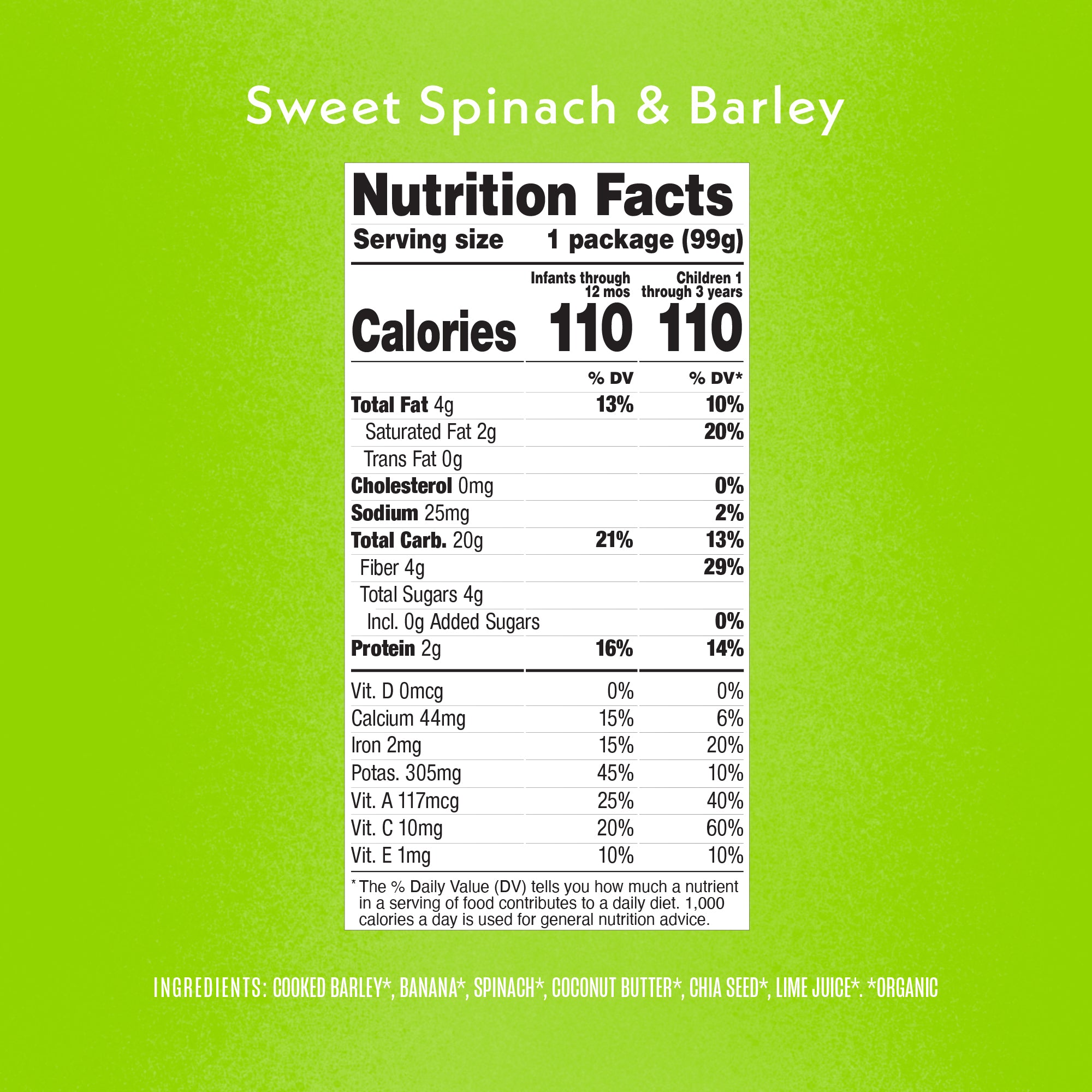 Sweet Spinach & Barley Nutrition Facts Panel