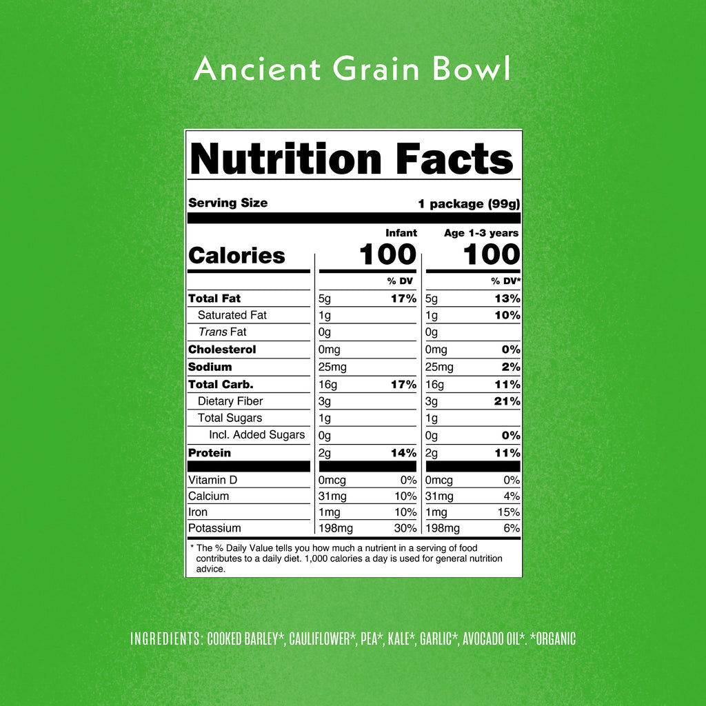 Nutrition facts label for 'Ancient Grain Bowl' on a green background