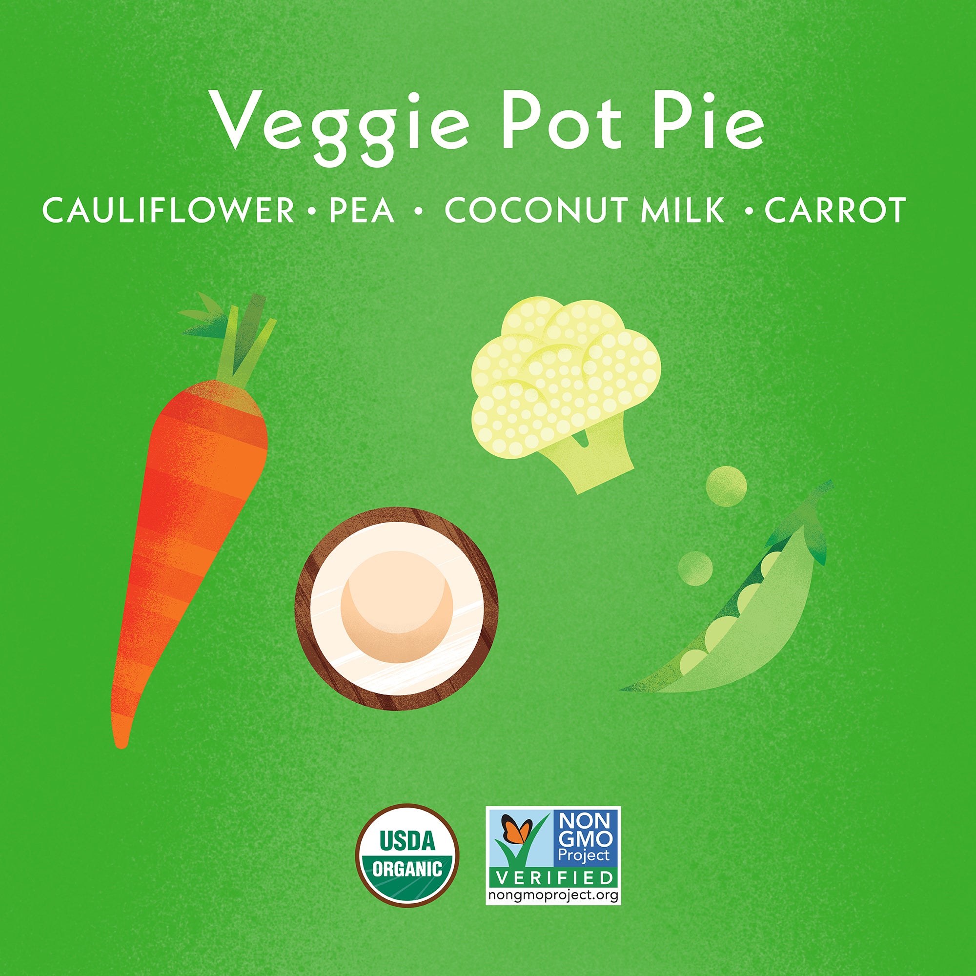 Veggie pot pie label with cauliflower, pea, coconut milk, and carrot illustrations on a green background.
