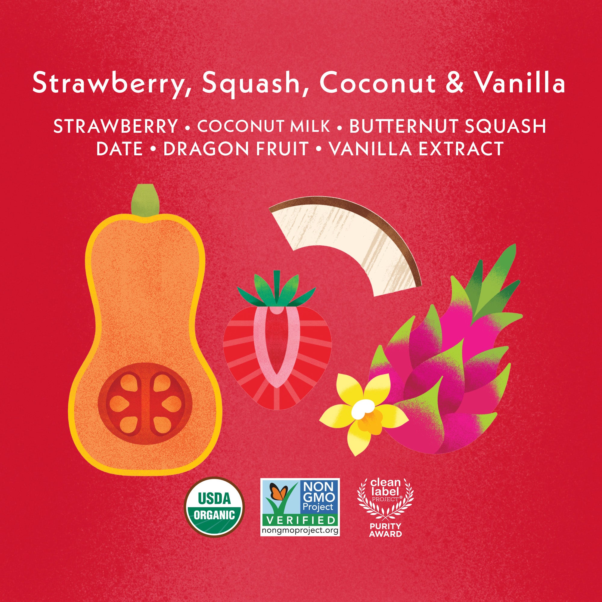Once Upon a Farm Strawberry, Squash, Coconut & Vanilla Organic Baby Food Pouch, 3.2oz ingredients 