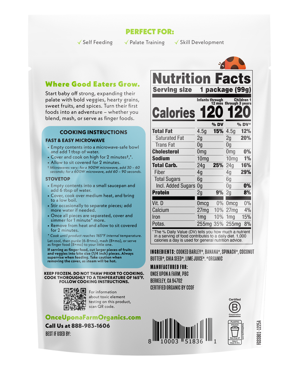 Sweet Spinach & Barley frozen meal back of pack