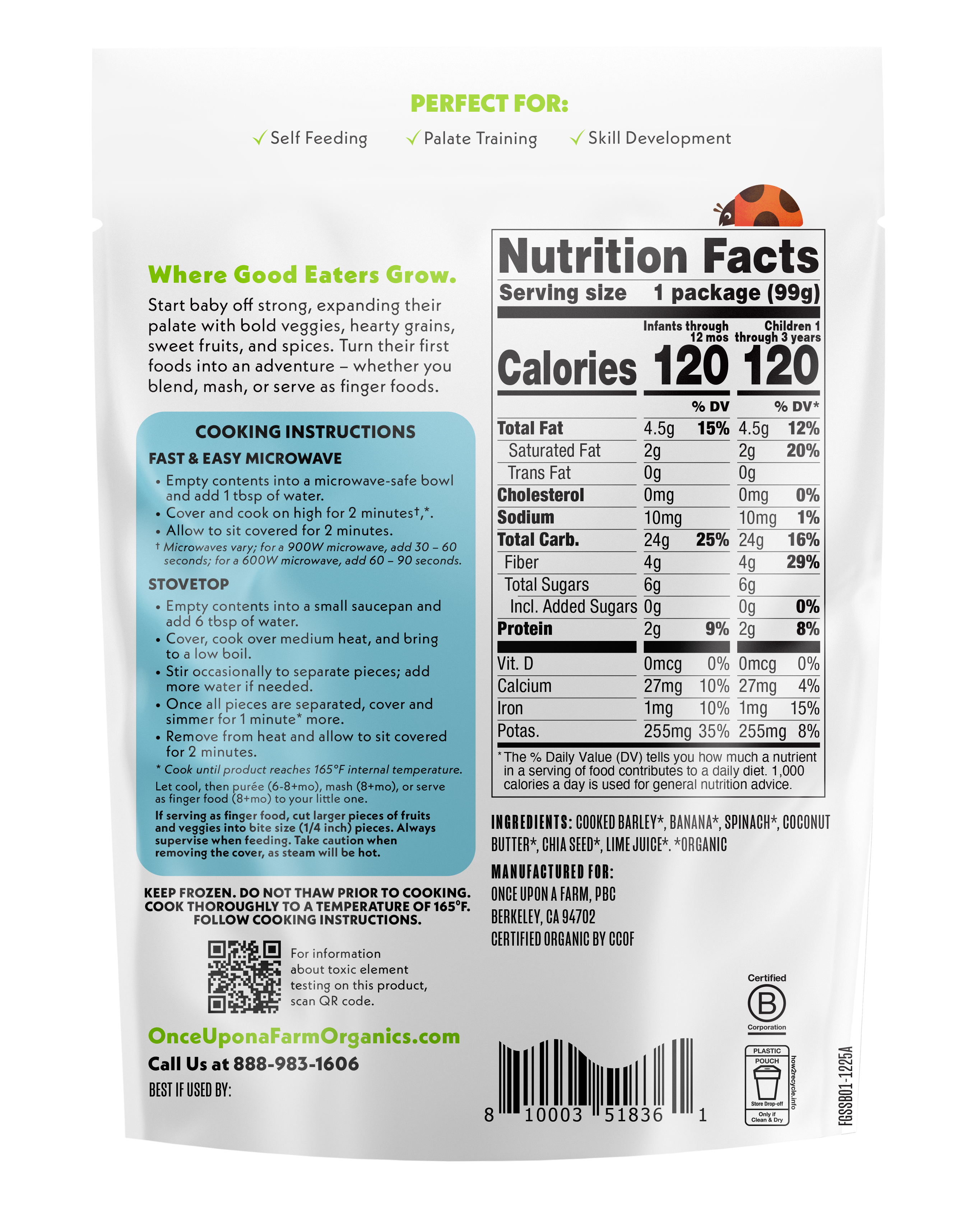 Sweet Spinach & Barley frozen meal back of pack