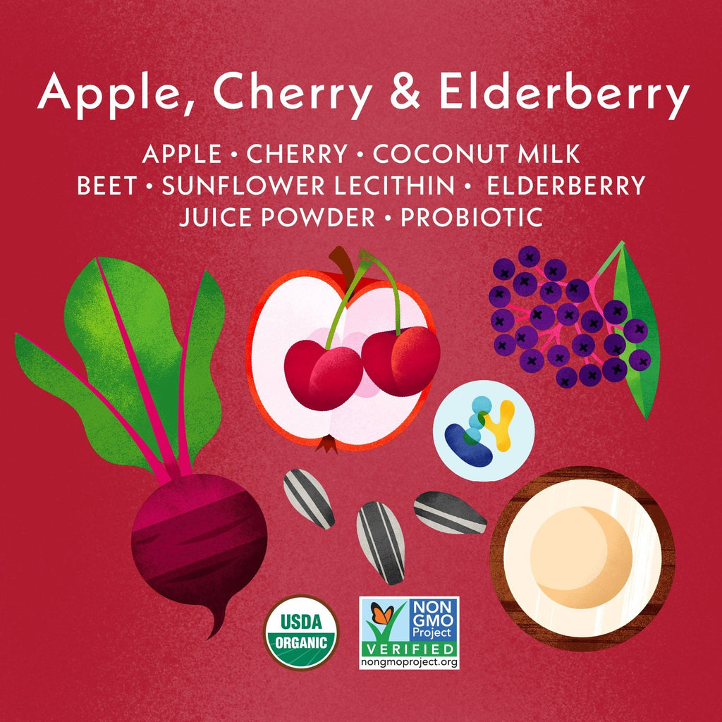 Apple, Cherry & Elderberry: Apple, Cherry, Coconut Milk, Beet, Sunflower Lecithin, Elderberry Juice Powder, Probiotic. USDA Organic, Non GMO Project Verified, Clean Label Project Purity Award logos