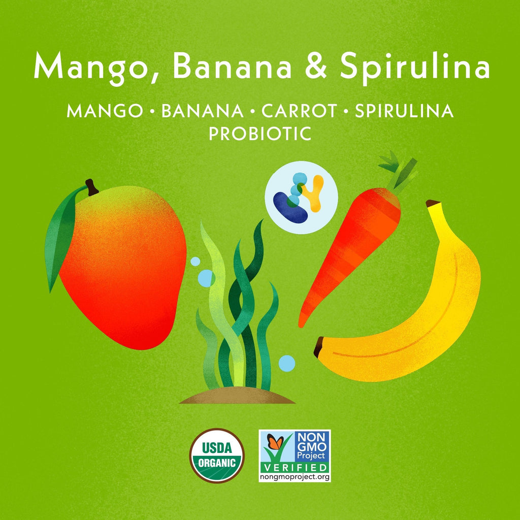 Mango Banana Spirulina Immunity: Mango, Banana, Carrot, Spirulina, Probiotic. USDA Organic, Non GMO Project Verified, Clean Label Project Purity Award logos