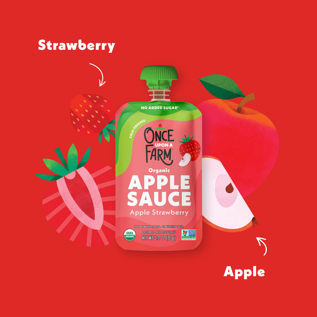 Apple Strawberry Applesauce ingredients on a red background