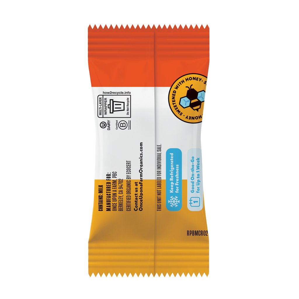 New Mini Cinnamon Roll Protein Bar with Orange and yellow package with recycling symbol on a white background