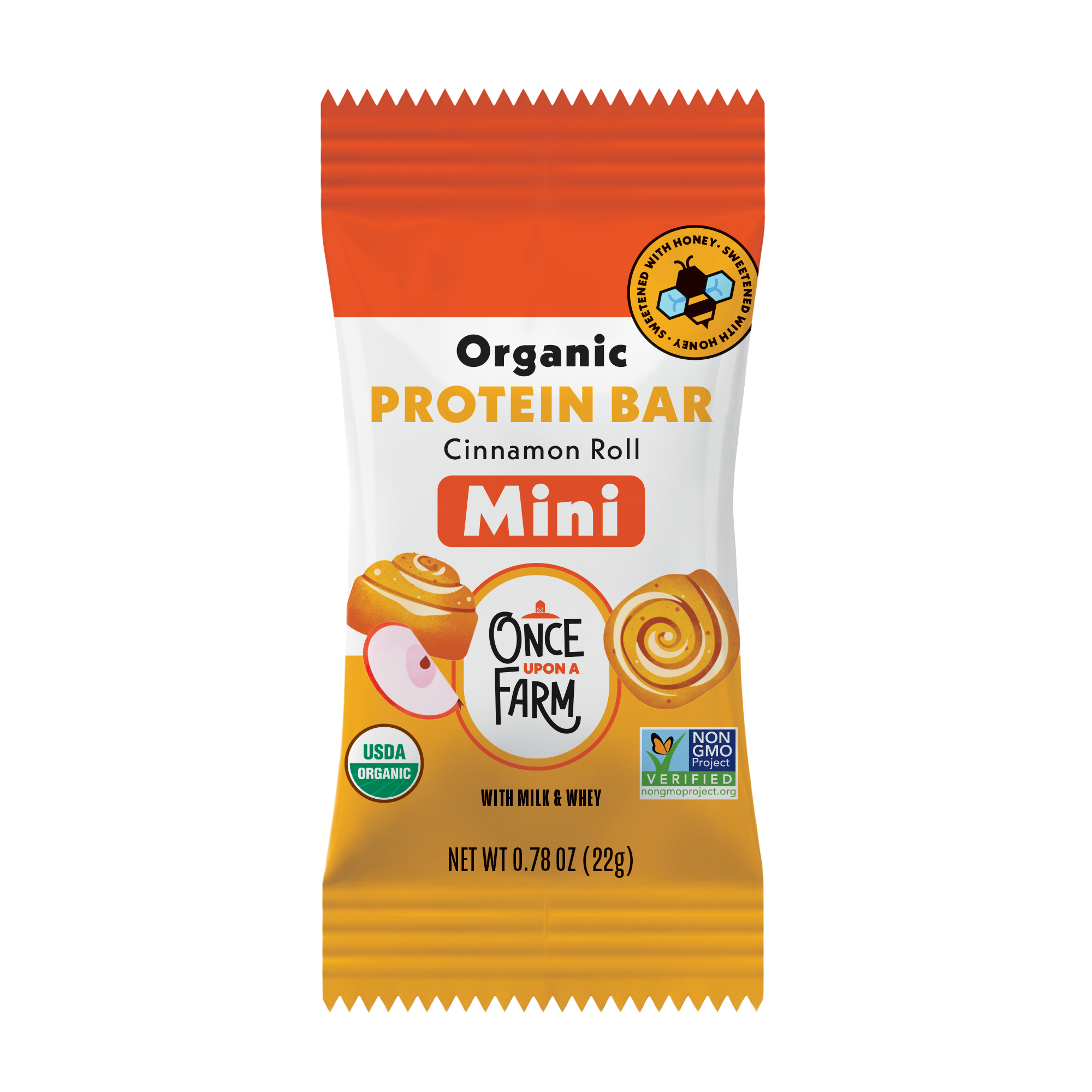 New Mini Cinnamon Roll Protein Bar package with orange and white design on a white background
