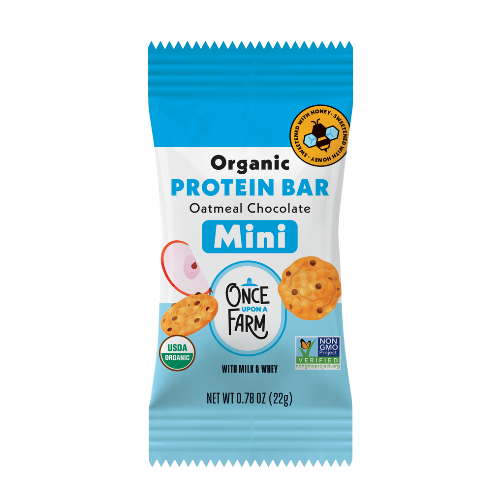 New Mini Oatmeal Chocolate Protein Bar packaging with blue and white design on a white background