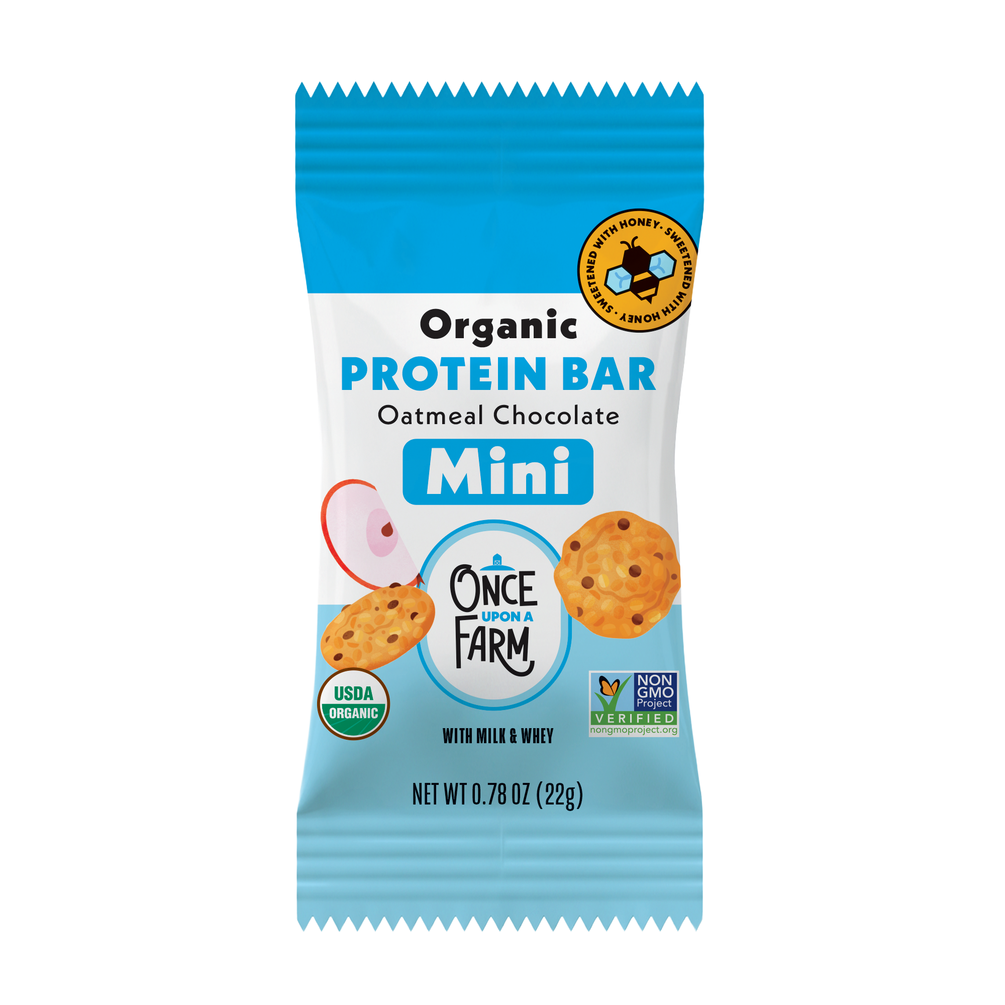 New Mini Oatmeal Chocolate Protein Bar packaging with blue and white design on a white background