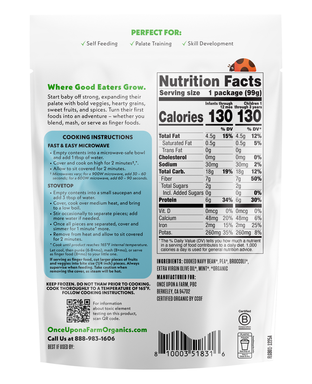 Greens & Beans frozen meal back of packaging