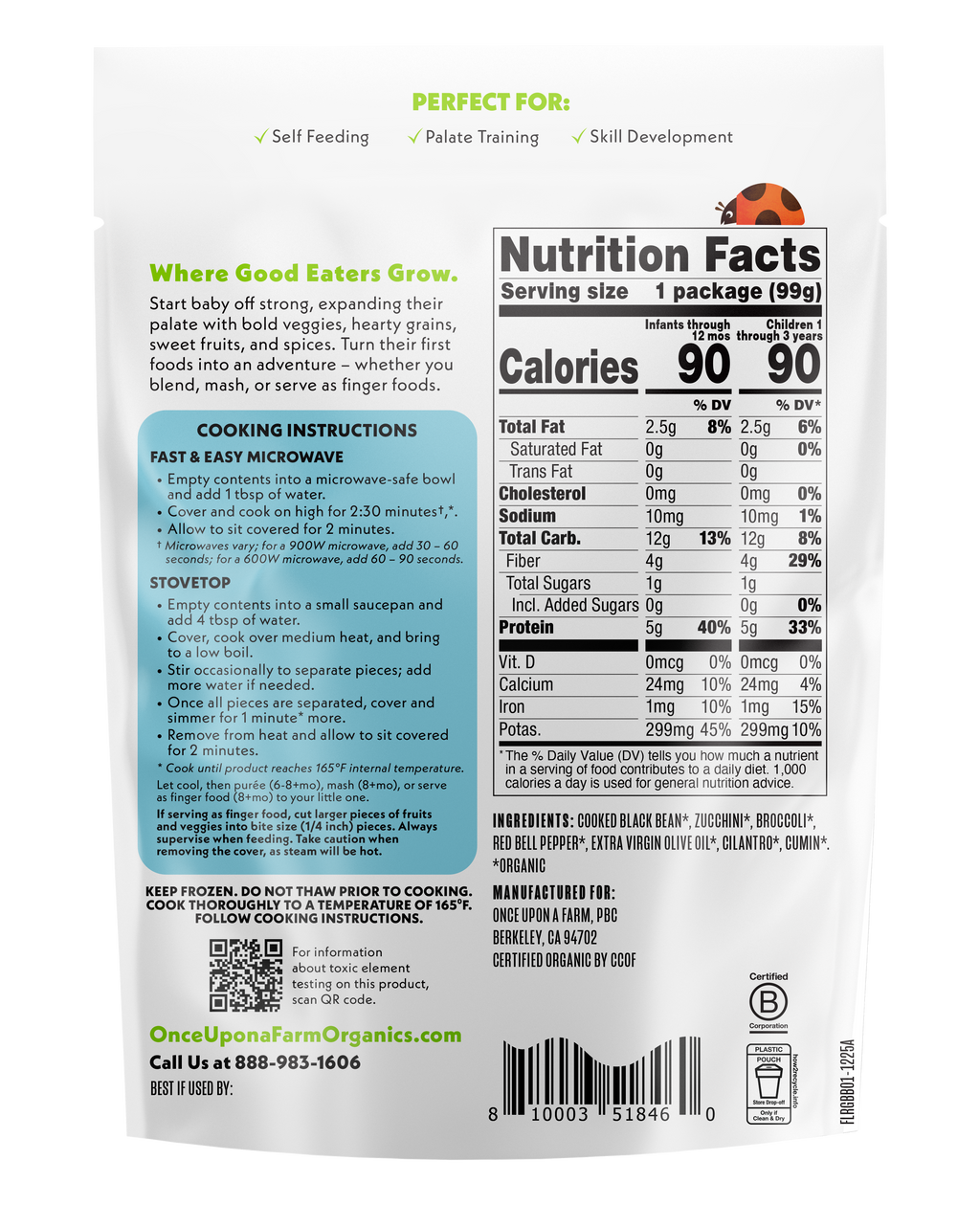 Reds, Greens & Black Beans frozen meal back of packaging