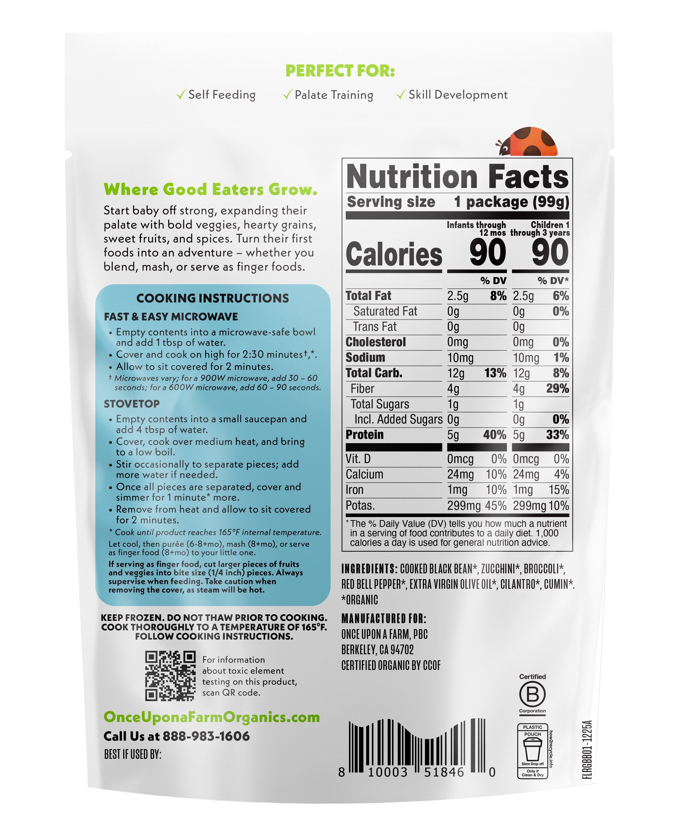 Reds, Greens & Black Beans frozen meal back of packaging