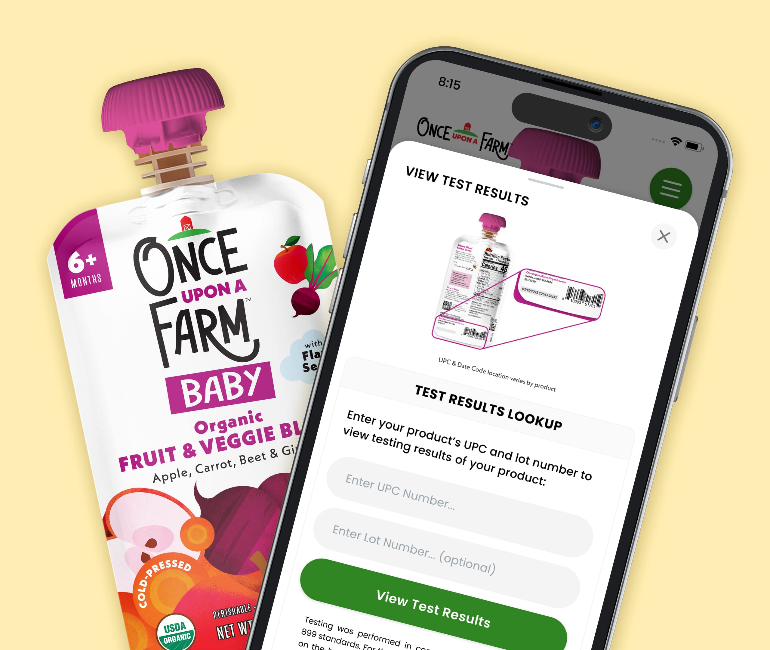 Once Upon a Farm Baby Pouch and A Screenshot of a Phone Looking Up Test Results 