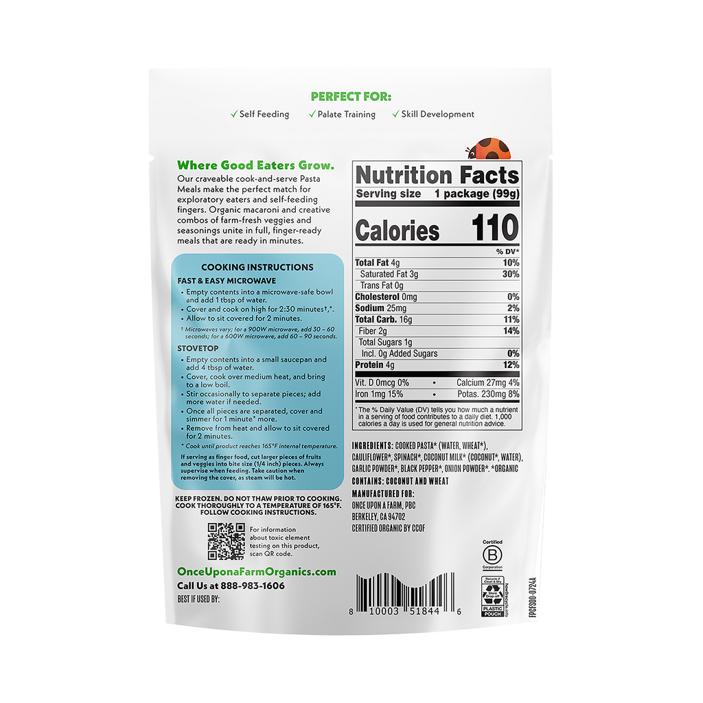 Organic Pasta Meals Cauli-fredo & Spinach back of packaging