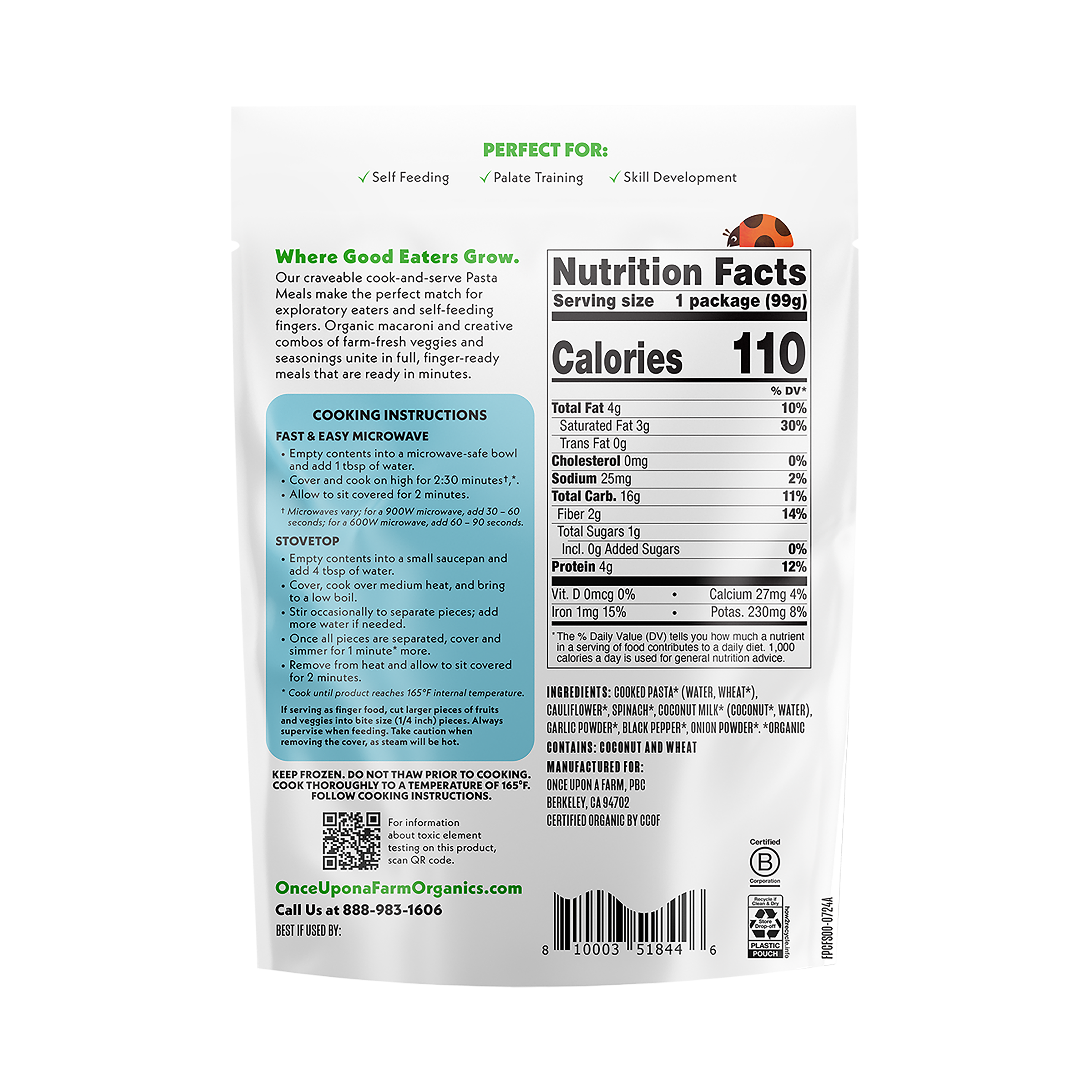 Organic Pasta Meals Cauli-fredo & Spinach back of packaging