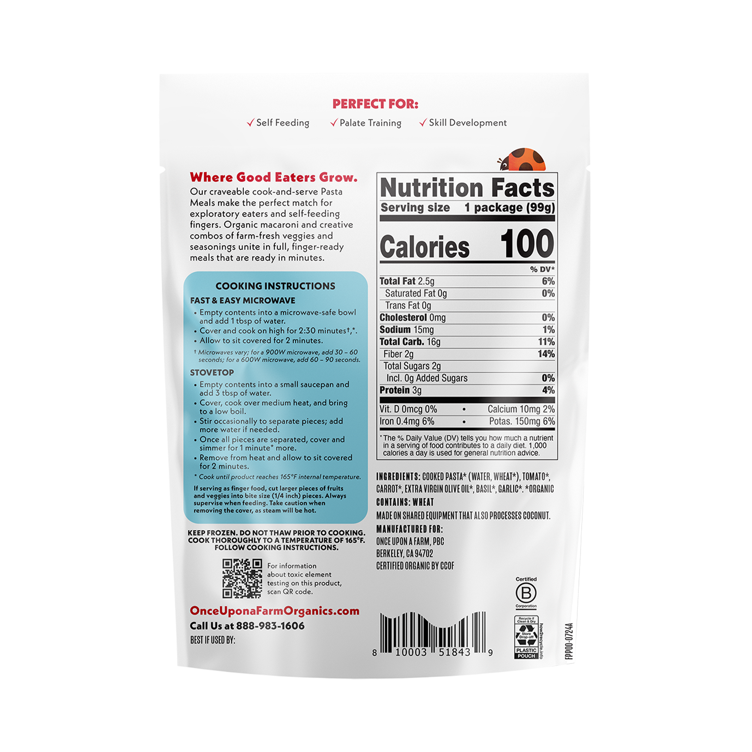 Organic Pasta Meals Pomodoro back of packaging