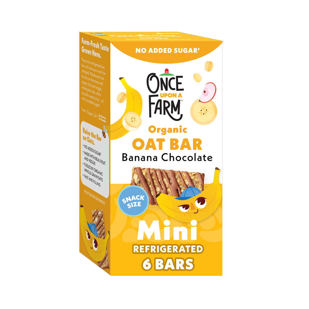 Box of Once Upon a Farm organic oat bars with banana and chocolate flavor on a white background