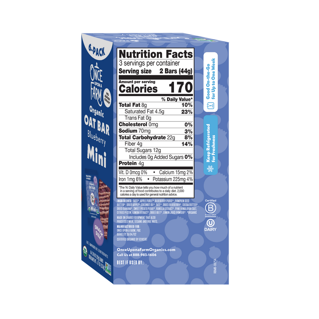 Box of Oat Bar Blueberry Mini with nutrition facts on a white background