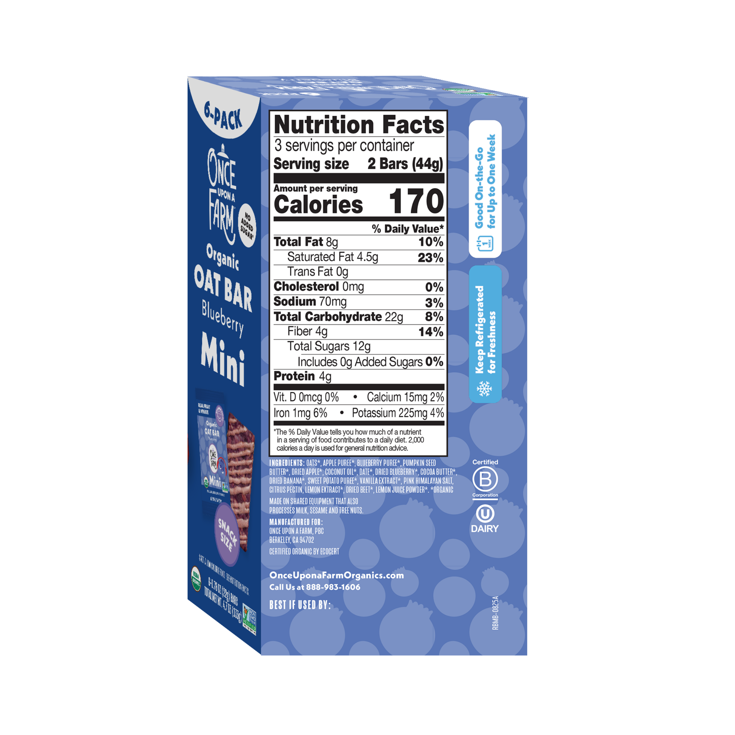Box of Oat Bar Blueberry Mini with nutrition facts on a white background