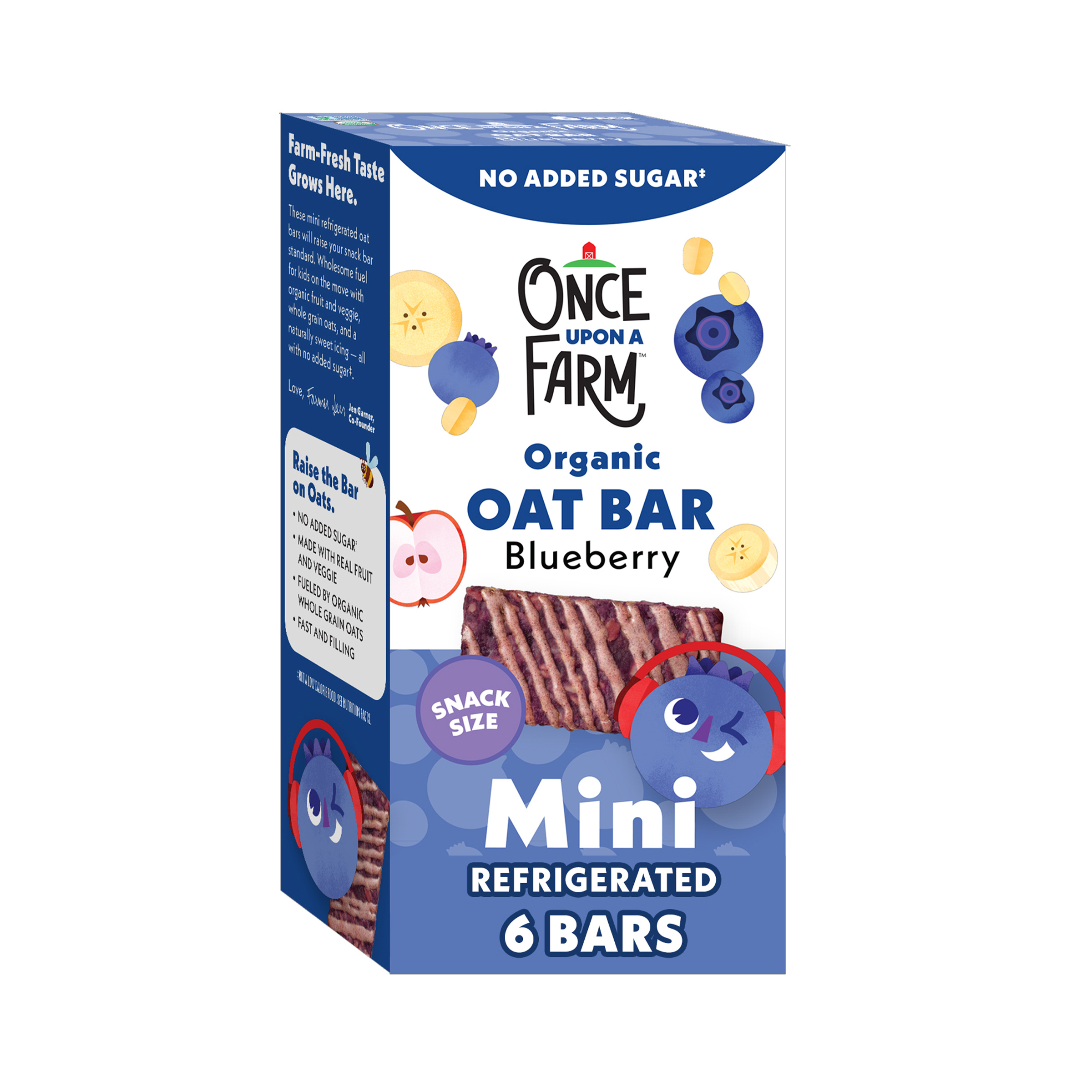 Box of Once Upon a Farm organic blueberry oat bars on a white background
