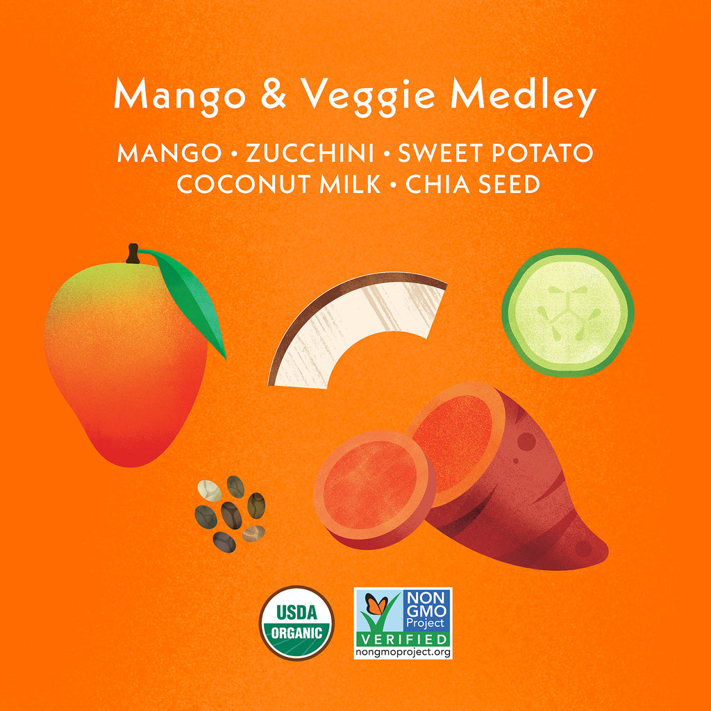 Mango & Veggie Medley Featured Ingredients: Mango, Zucchini, Sweet Potato, Coconut Milk, Chia Seed