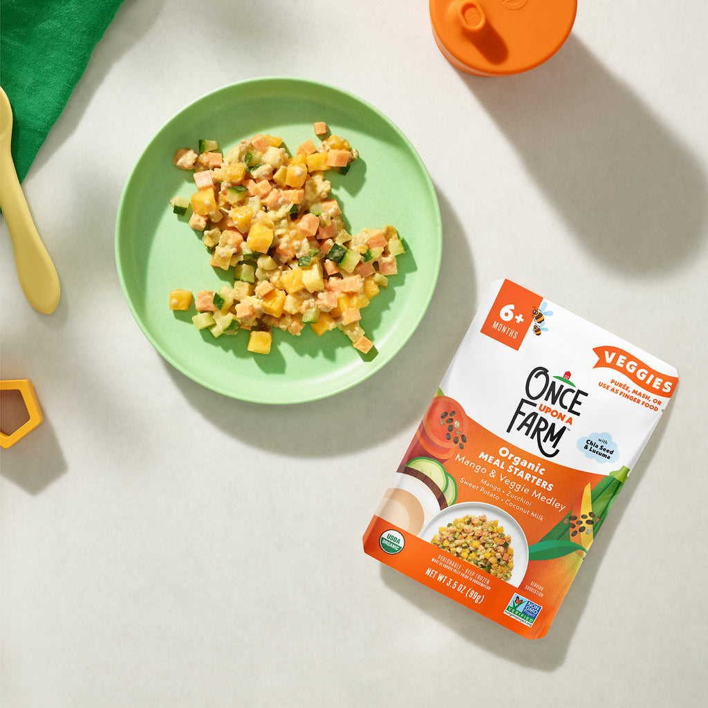 Mango & Veggie Medley Cooked and Plated Meal Shown with Packaging